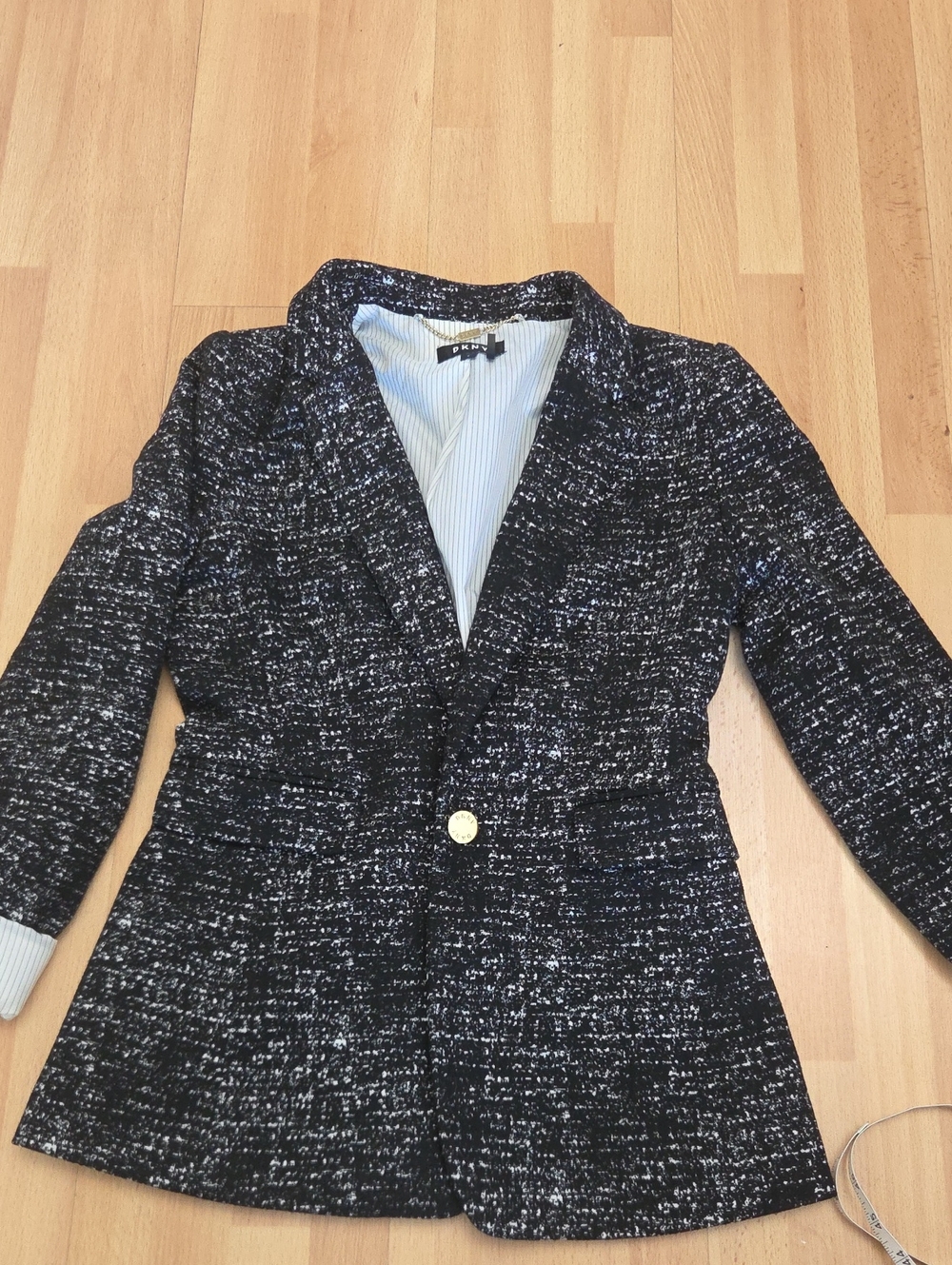 DKNY Black and White Tweed Blazer - Size 4 - Gold Button Detail